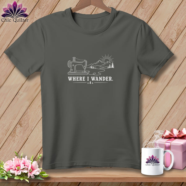 Gray t-shirt with sewing machine, mountains, sun, and text "WHERE I WANDER".