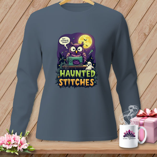 Long-sleeved shirt with "Haunted Stitches" text, owl, and ghost graphic.