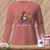 Penguin riding bicycle with fabric rolls, wearing tomato pincushion hat.