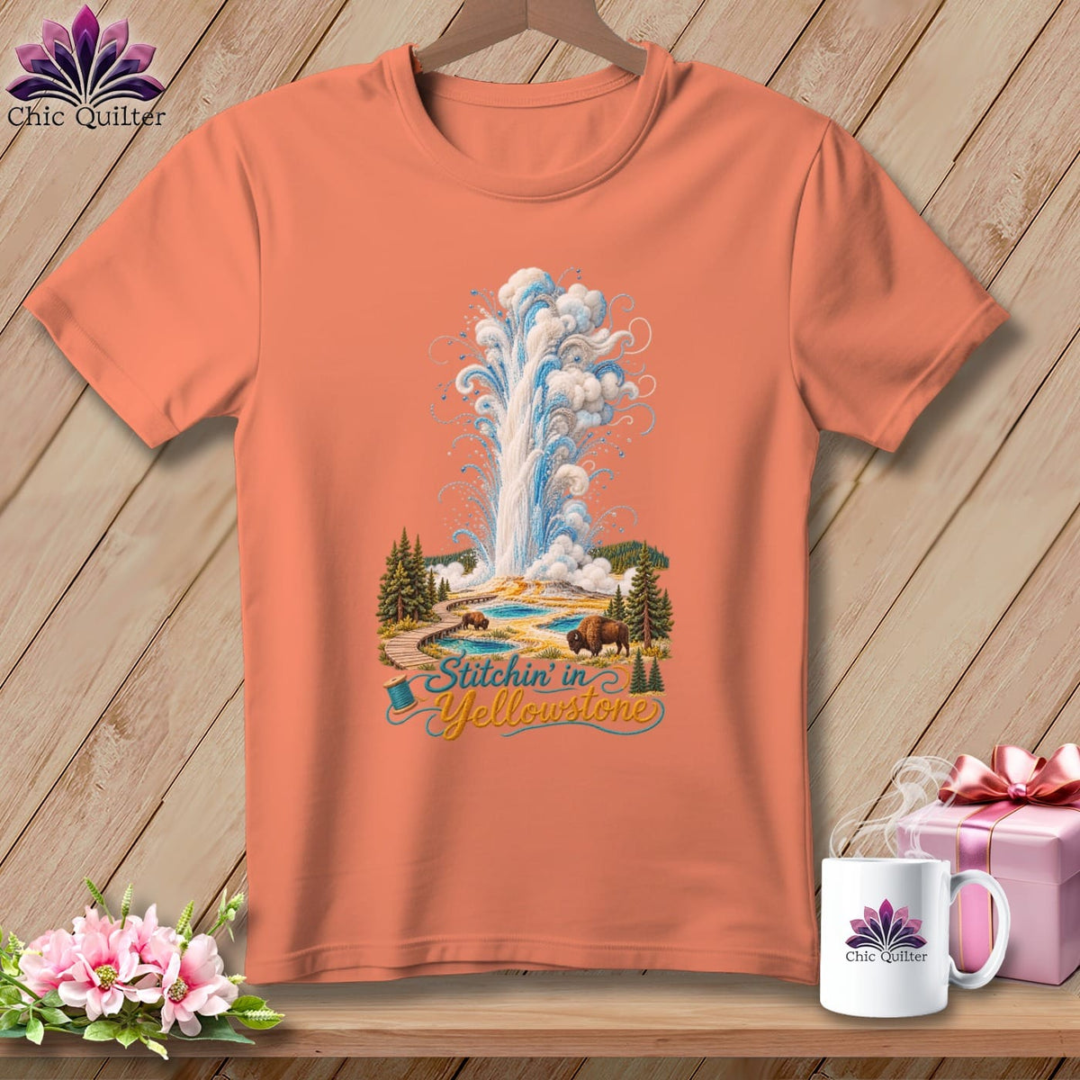 MyDesigns Physical Item S / Heather Sunset Yellowstone National Park ~ Old Faithful, Stitchin in ~ Relaxed Fit Tee