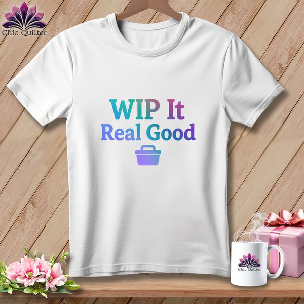 White t-shirt with "WIP It Real Good" text and a shopping basket icon.