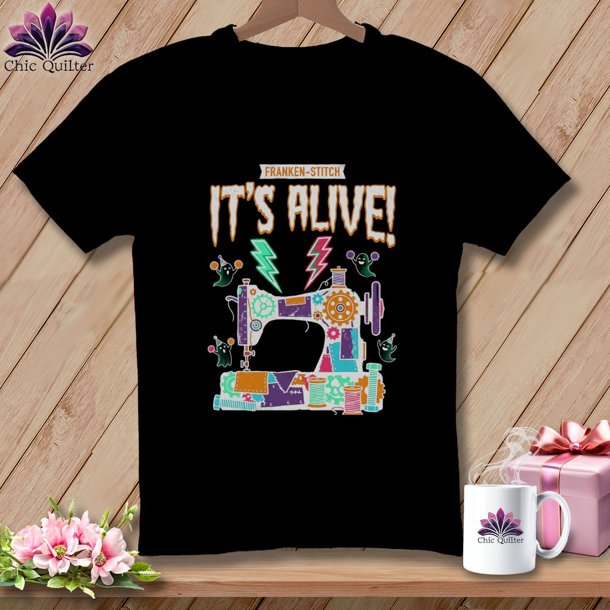Black t-shirt with Franken-stitch "It's Alive!" sewing machine graphic and ghost.