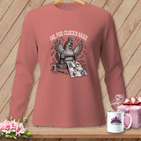 Long-sleeved shirt with a chicken sewing a quilt and the text 