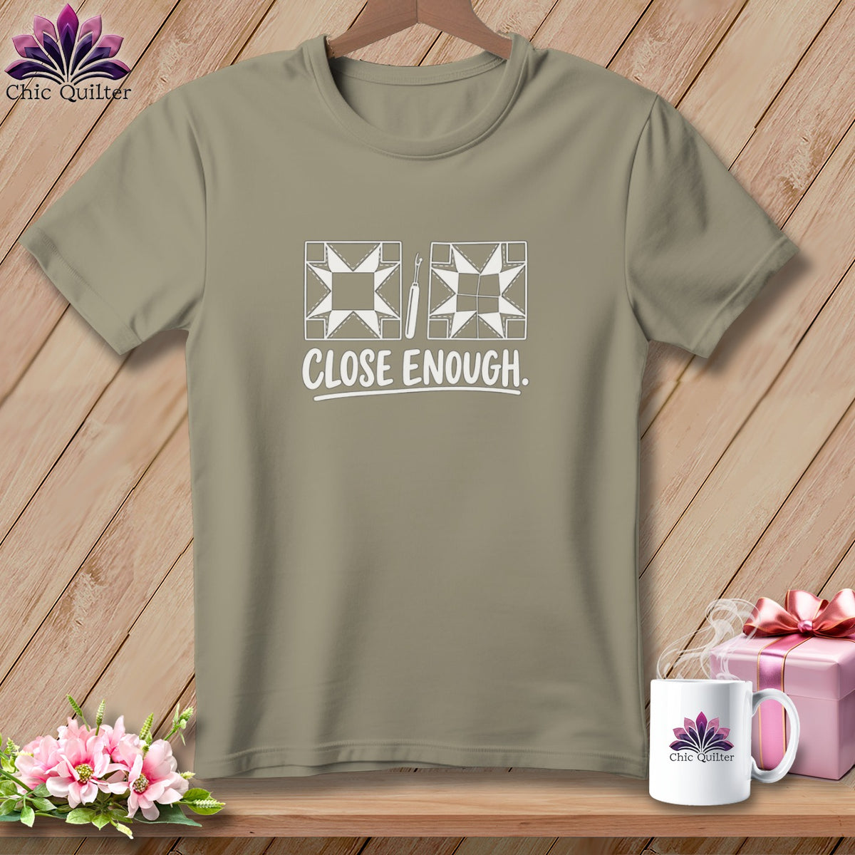 T-shirt with quilting block graphic and the text "CLOSE ENOUGH."