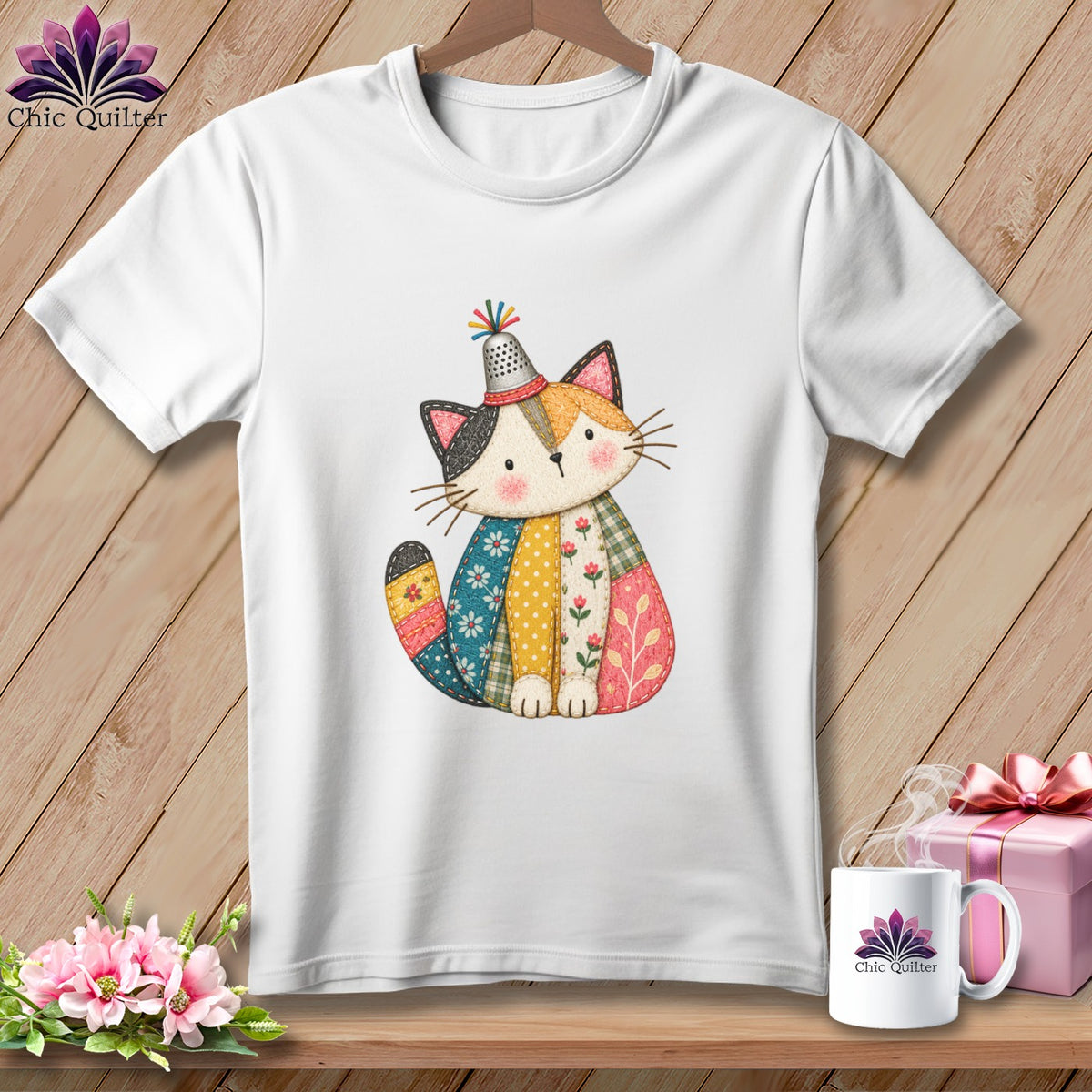 A white t-shirt features a colorful patchwork cat graphic wearing a thimble hat.