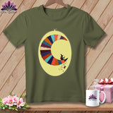 Olive green t-shirt with a patchwork crescent moon and a witch inside an embroidery hoop.