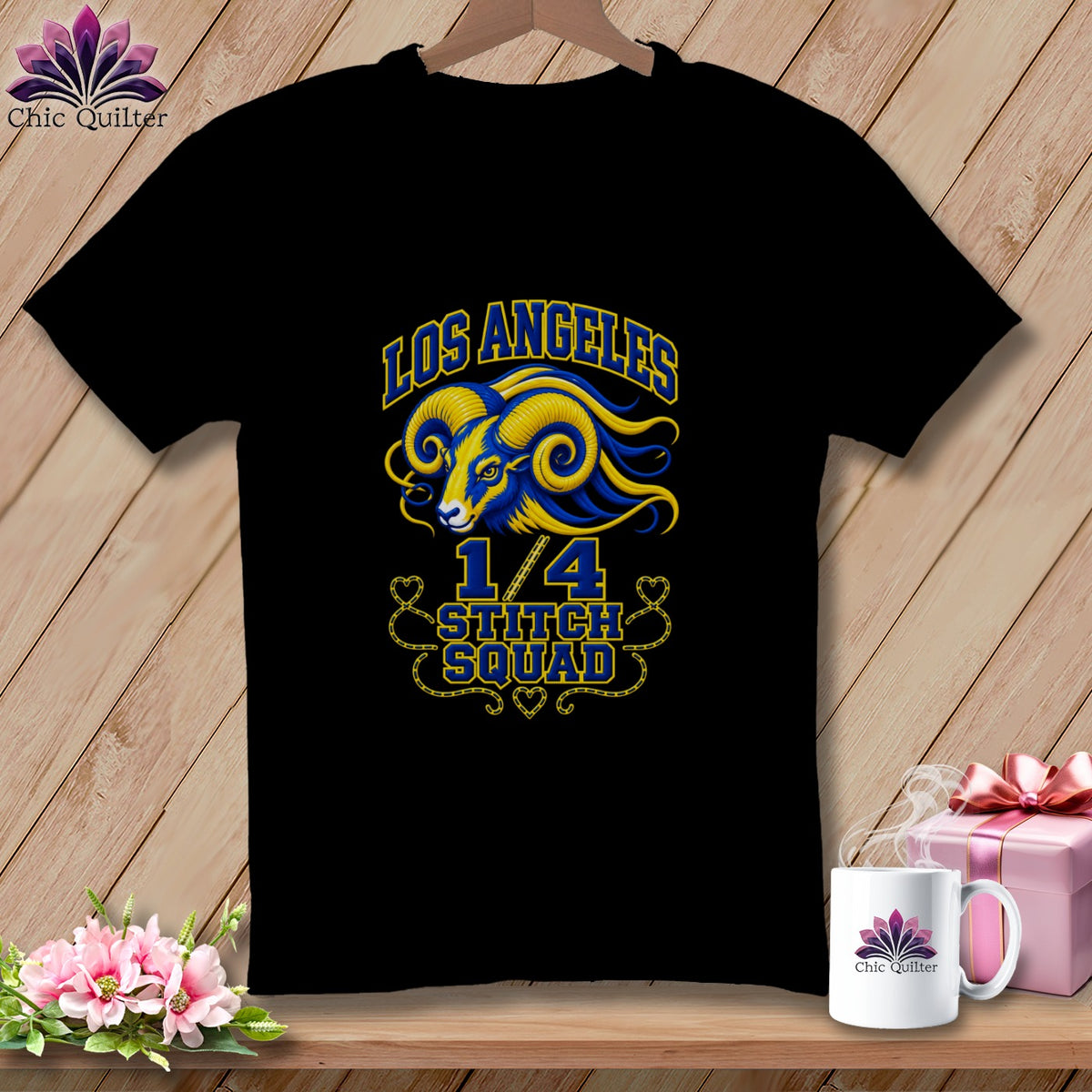 A black t-shirt with a blue and yellow ram graphic and text that reads Los Angeles 1/4 Stitch Squad.