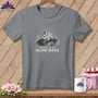 Grey t-shirt with a graphic of a quilt sun, fields, and "Made for Slow Days." text.