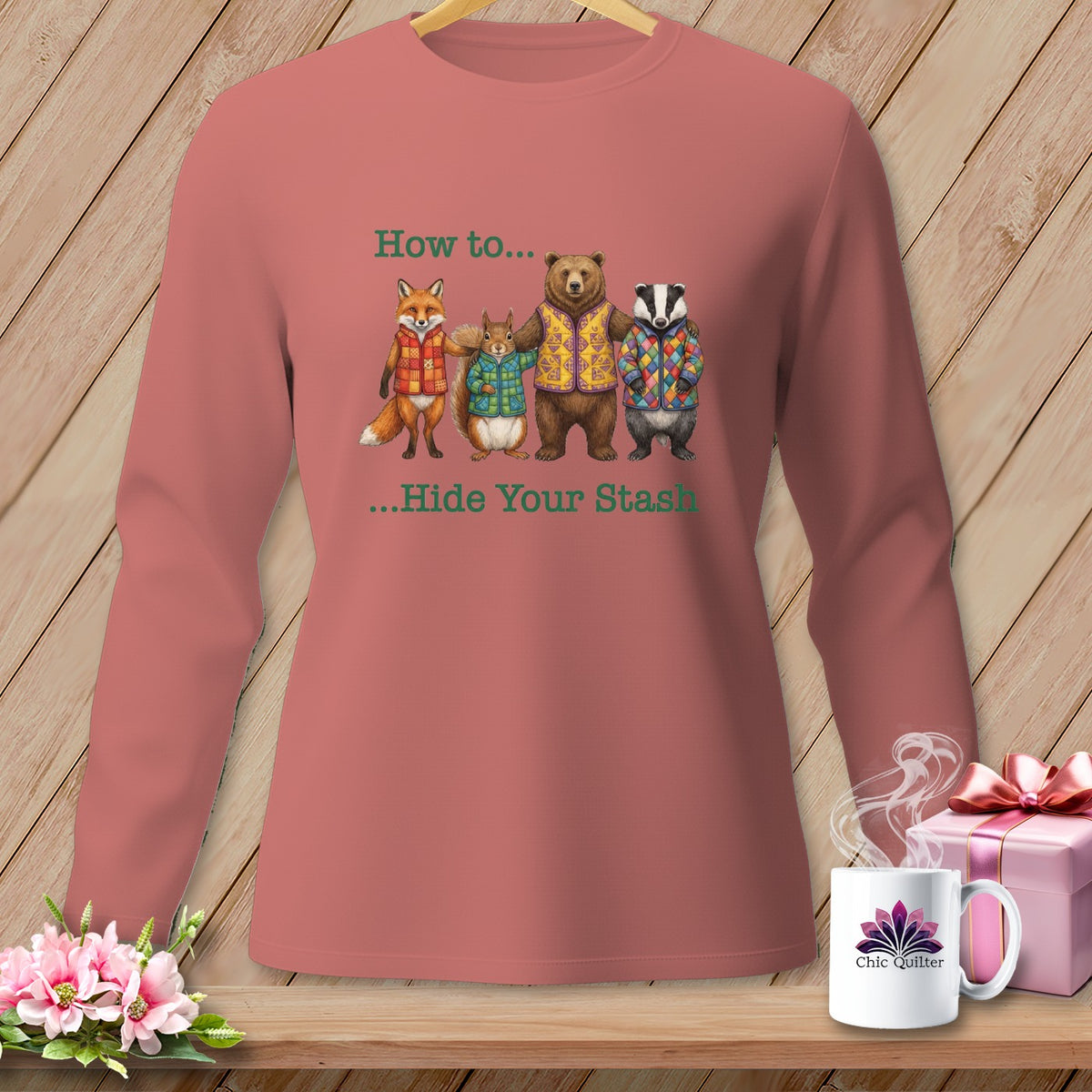 Fox, squirrel, bear, and badger wearing patterned vests with text "How to... Hide Your Stash."