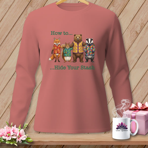 Fox, squirrel, bear, and badger wearing patterned vests with text "How to... Hide Your Stash."