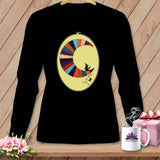 Black long-sleeve shirt with a crescent moon applique featuring a witch riding a broomstick.