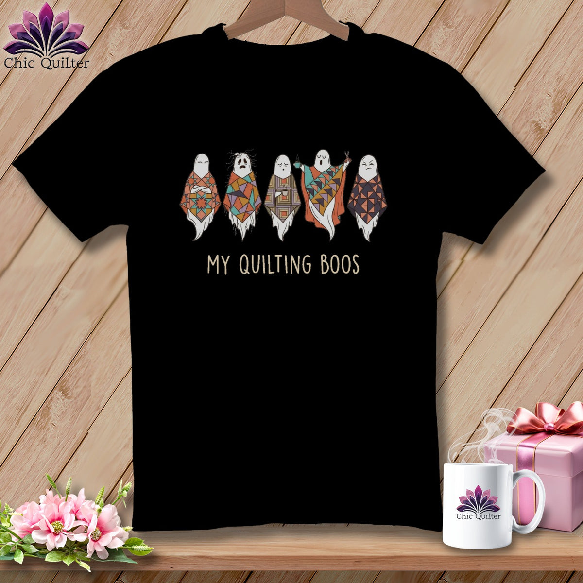 Black t-shirt with five patchwork ghosts and the text "MY QUILTING BOOS".