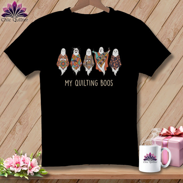 Black t-shirt with five patchwork ghosts and the text "MY QUILTING BOOS".