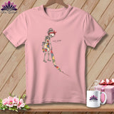 Pink t-shirt with skeleton graphic holding quilt scraps, text 