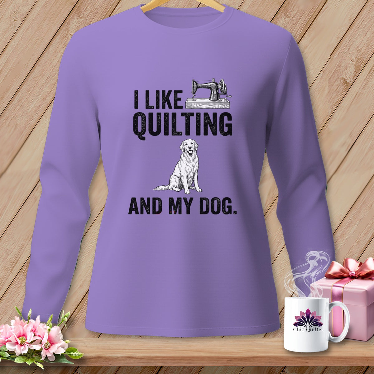Lavender long-sleeve shirt with "I like quilting and my dog" text and dog graphic.