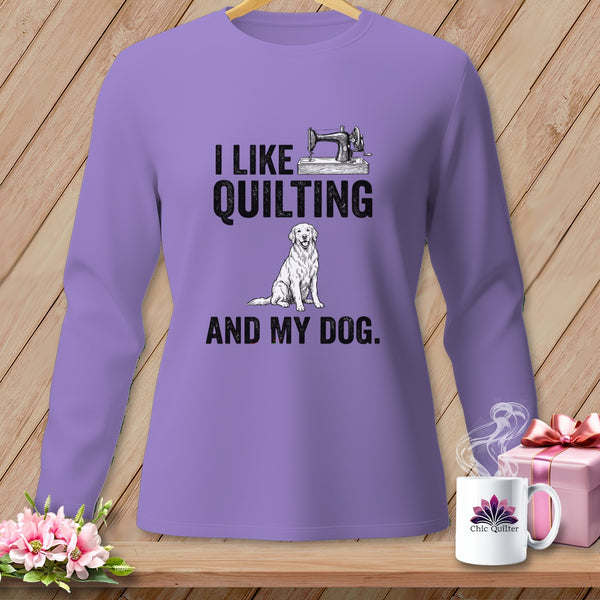 Lavender long-sleeve shirt with "I like quilting and my dog" text and dog graphic.
