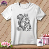 White t-shirt featuring a black and white graphic of a squirrel holding patterned quilt squares.