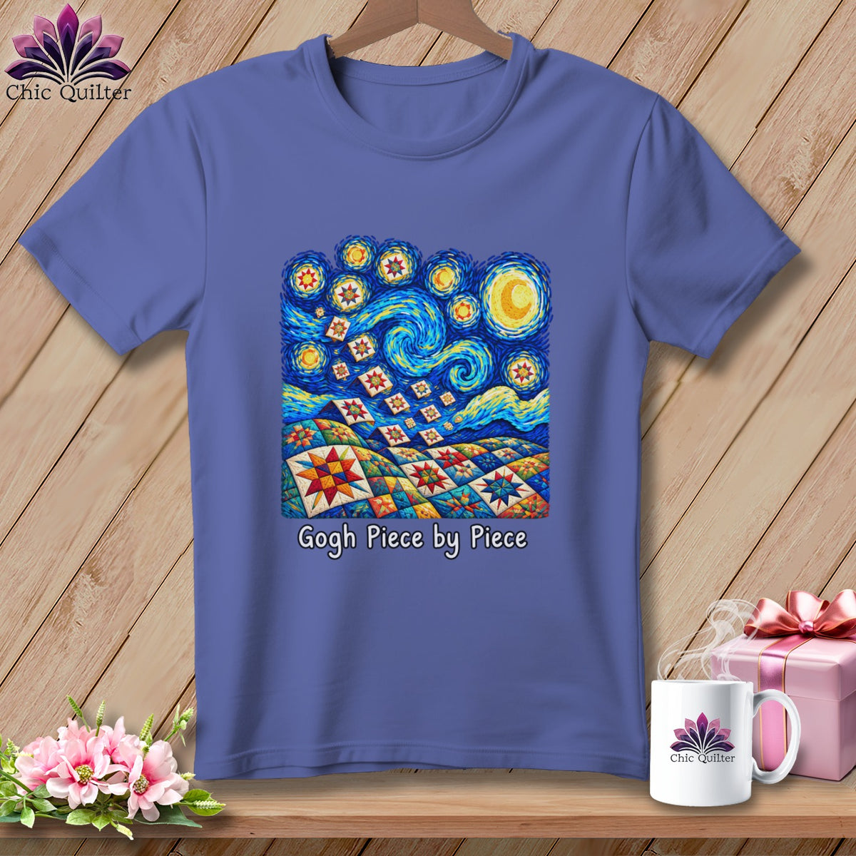 Purple t-shirt with a quilt pattern inspired by Van Gogh's Starry Night and text.