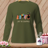 Olive green long-sleeve shirt with ghosts carrying sewing supplies and the text 