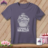 Gray t-shirt with a white graphic of a basket overflowing with fabric and the text 