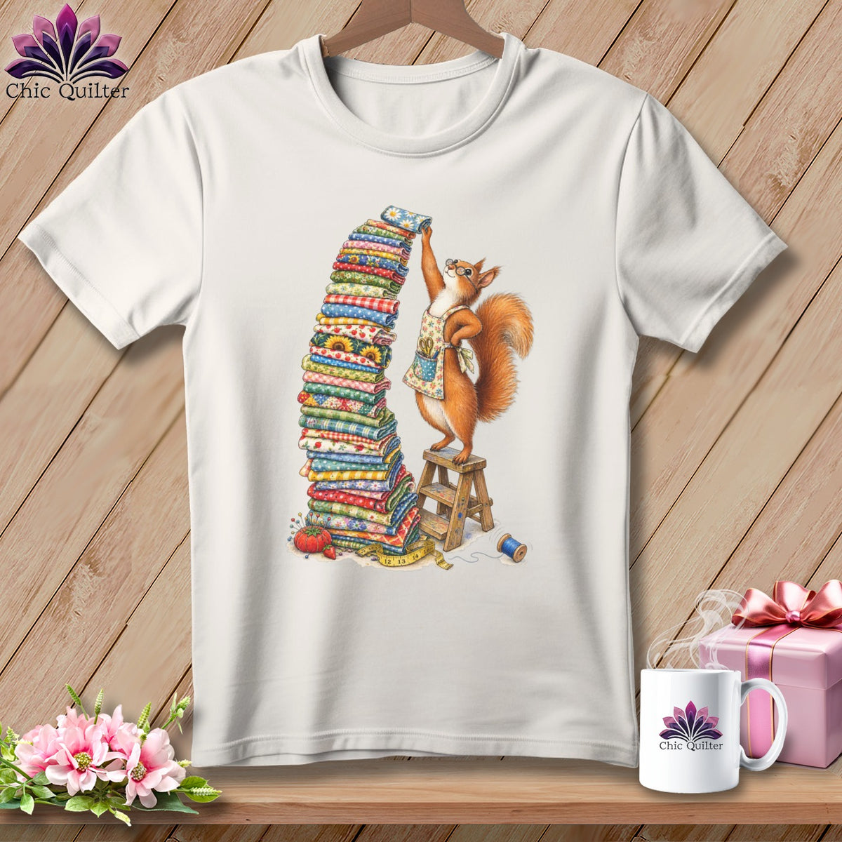 Squirrel in apron stacking fabric on a stool with sewing notions.