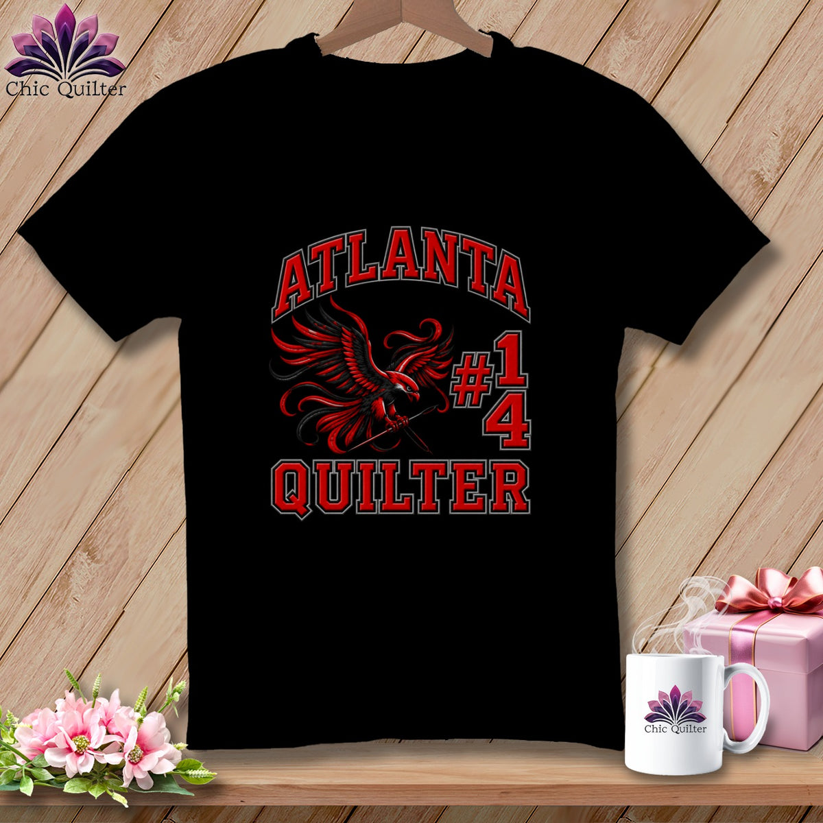 Black t-shirt featuring a red and black eagle graphic with the text Atlanta Quilter and number 14.
