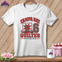 White crewneck t-shirt featuring a Tampa Bay Quilter graphic with a red quilt block, the number six, and sewing tools.