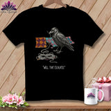 Black t-shirt with a raven, yarn, and quote 