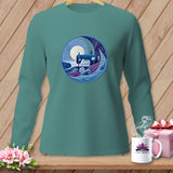Teal long-sleeve shirt with a circular sewing machine and yarn graphic.