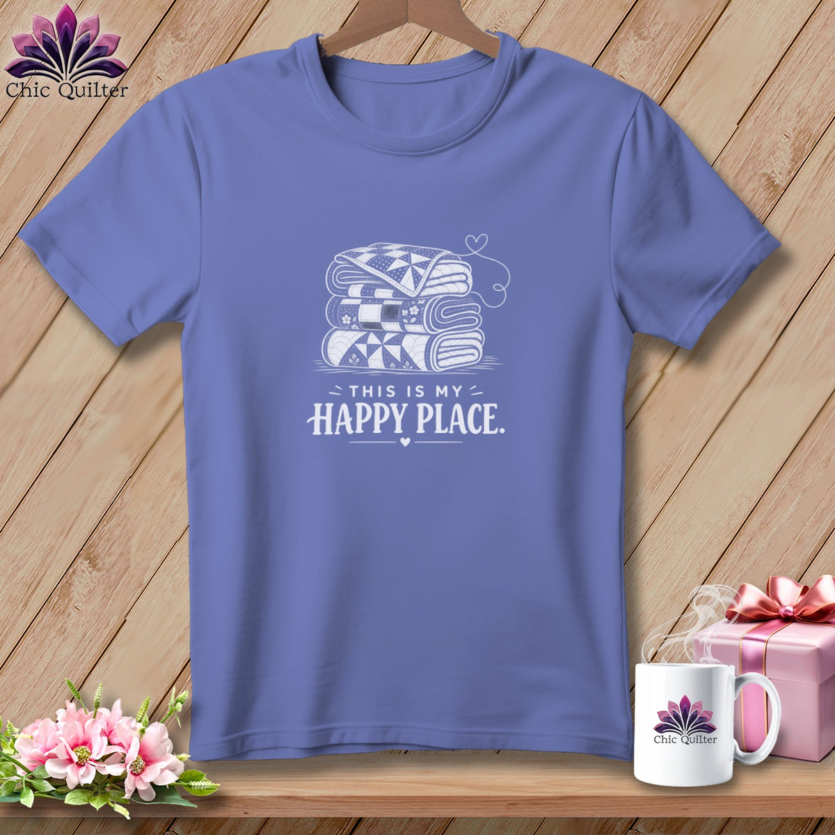 Periwinkle t-shirt with stacked quilts and "This is my Happy Place" text.