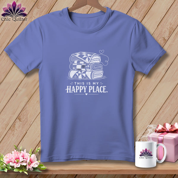 Periwinkle t-shirt with stacked quilts and "This is my Happy Place" text.