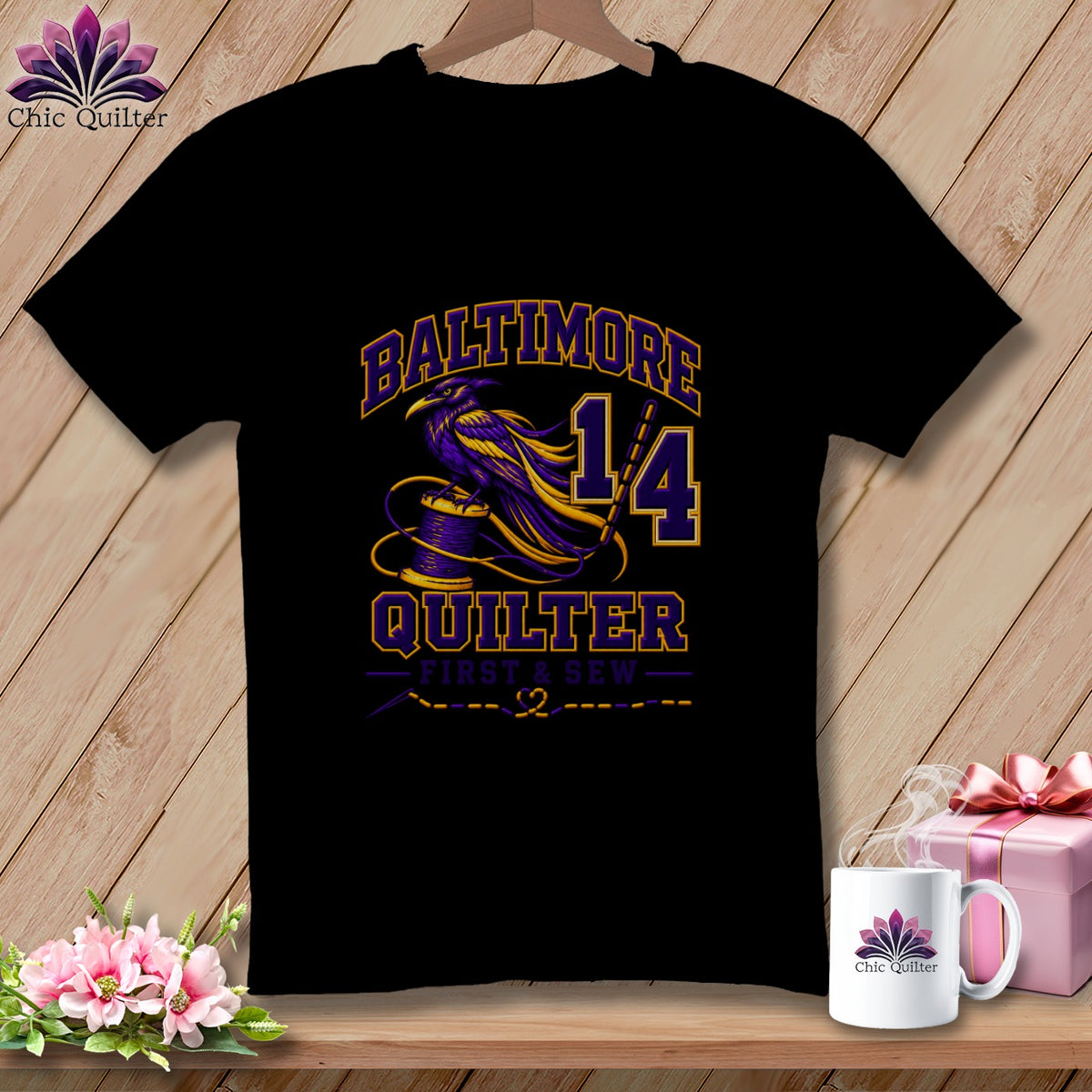 A black t-shirt features a purple and yellow raven illustration with Baltimore Quilter text and the number 14.