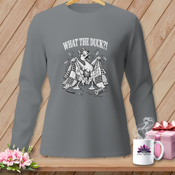 Gray long-sleeved shirt with a humorous duck graphic and text reading WHAT THE DUCK?!