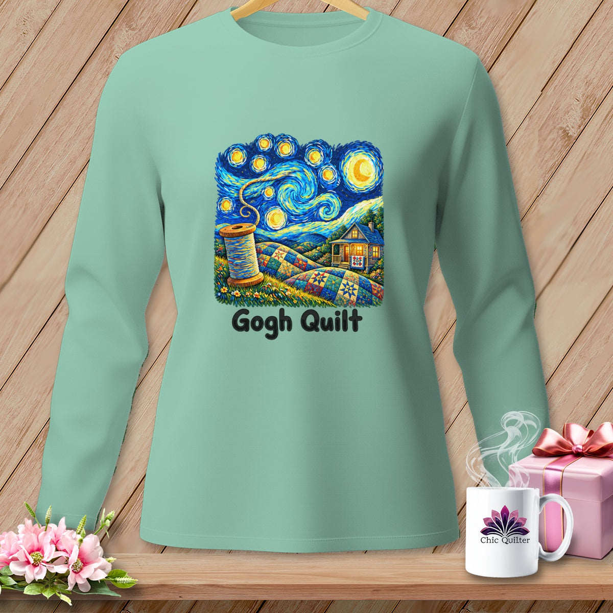 Mint long-sleeve shirt with "Gogh Quilt" graphic featuring starry sky and quilt fields.