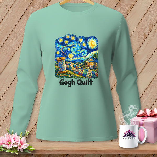 Mint long-sleeve shirt with "Gogh Quilt" graphic featuring starry sky and quilt fields.