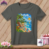 Dark gray crewneck t-shirt featuring a colorful tropical beach scene with a quilted blanket and palm trees.