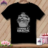 Black t-shirt with white graphic of fabric scraps in a basket and text 