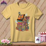 Quilting house made of books with ghosts and sewing notions, on a yellow t-shirt.