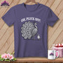 Purple t-shirt featuring a black and white illustration of a peacock, a dove, and the text Oh, Pluck Off!