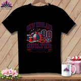 A black t-shirt features a graphic with sewing motifs, the text New England Quilter, and the number 00.