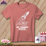 Peach t-shirt with rotary cutter, ruler, fabric graphic and text 
