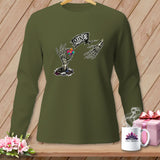 Long sleeve shirt with skeleton hands reaching for a colorful puzzle heart and 