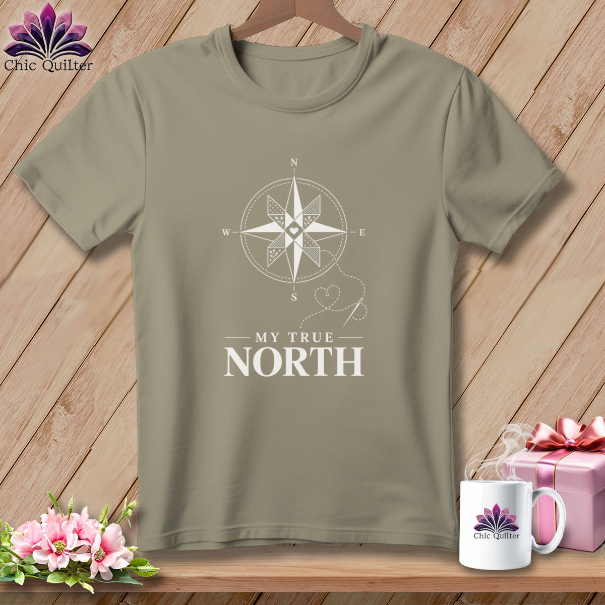 Tan t-shirt with white compass graphic and text "MY TRUE NORTH".