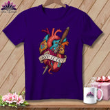 Purple t-shirt with anatomical heart, dagger, and ribbon that reads 