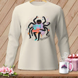 Spider sewing at a machine with coffee, text reads 