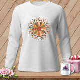 White long-sleeved shirt with a circular quilt-themed print featuring spools and buttons.