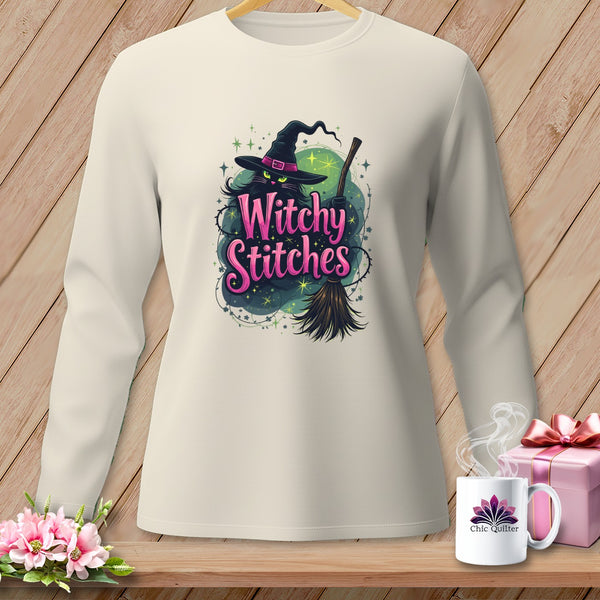 Cream long-sleeve shirt with "Witchy Stitches" text and witch cat graphic.