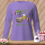 Purple sweatshirt with Grinch hand holding beer and fabric stacks, text 