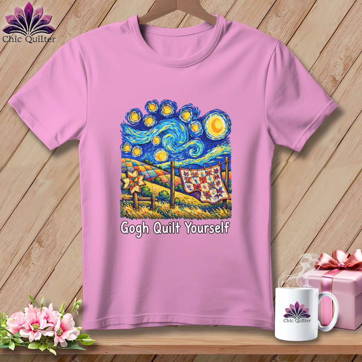 Pink t-shirt with "Gogh Quilt Yourself" text and starry night quilt graphic.