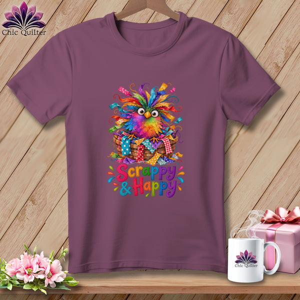 A purple t-shirt displays a colorful owl in a basket with the text Scrappy & Happy.